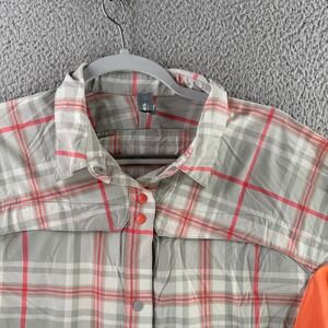 Simms Guide Series Fishing Shirt Womens Large Gray Orange Plaid Long Sleeve Snap